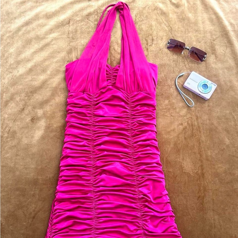 🩷 VINTAGE Y2K HOT PINK MINI BODYCON RUCHED HALTER NECK CLUB DRESS 🩷